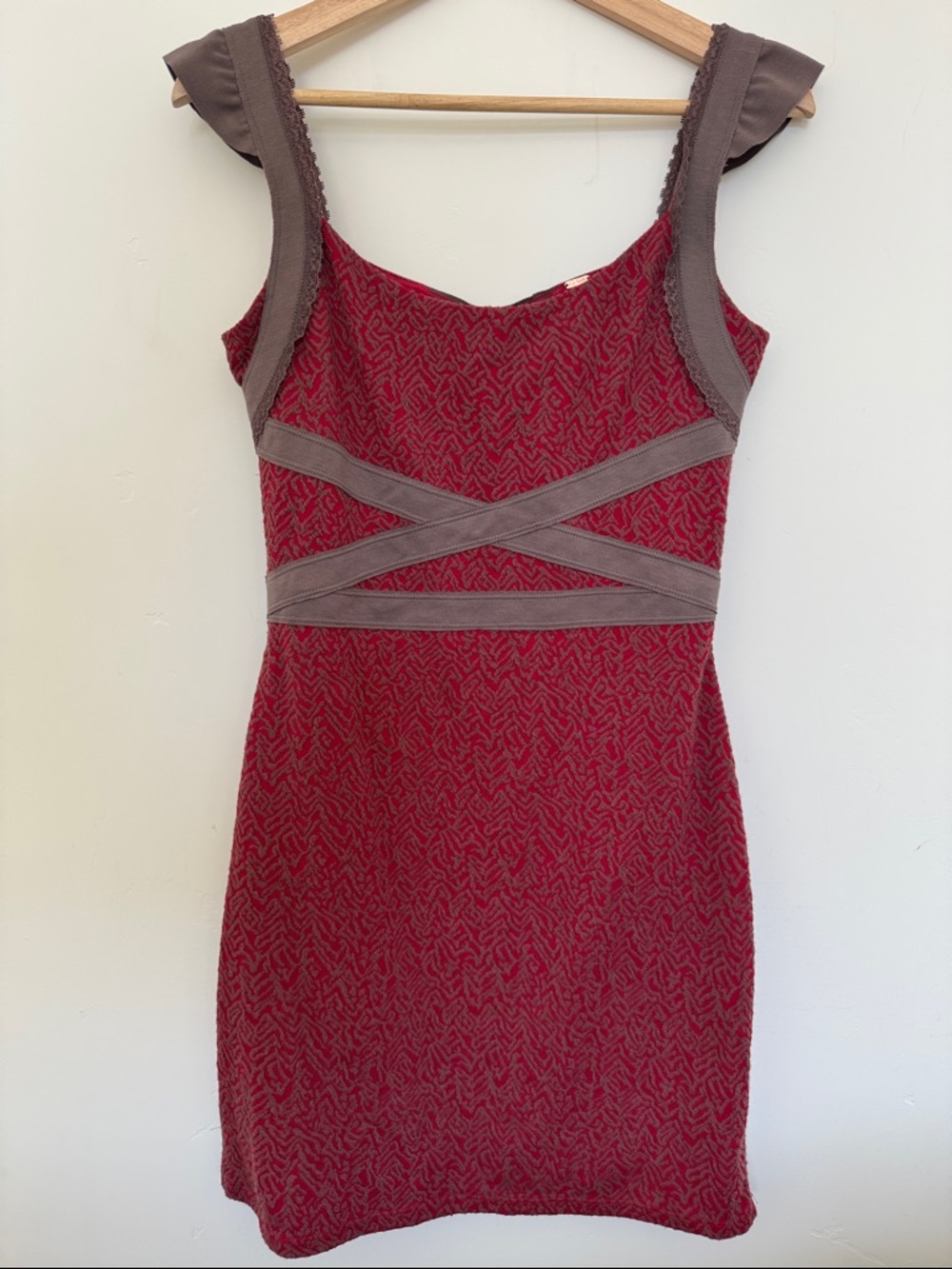 Vintage Free People Red Knit Mini Dress with Taupe Trim